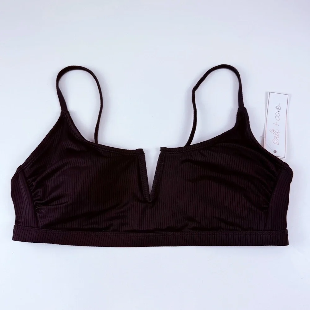 Salt + Cove Bikini Top Juniors Size Large Black Ribbed V Cut Front NWT